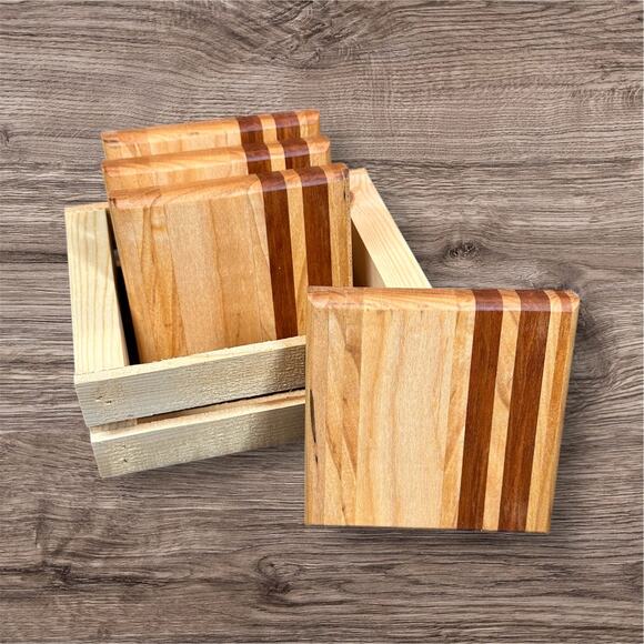 Handcrafted Coasters Set Maple with Two Stripes of Cherry Square Round Over Edge - Picture 1 of 5